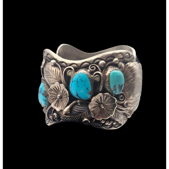 Fred James Vintage Navajo Sterling Silver Turquoise Watch Cuff 90 grms No Watch - Picture 7 of 15